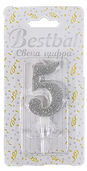 Свеча цифра "5" глиттер серебро Silver